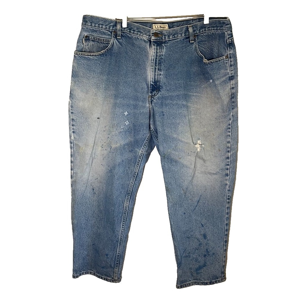LL Bean Denim Jeans 34" Distressed Trashed Light Wash Relaxed Fit Grunge Skater
